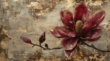 Beautiful burgundy magnolia flower on vintage gold decorative background as wallpaper illustration, Elegant Burgundy Flower