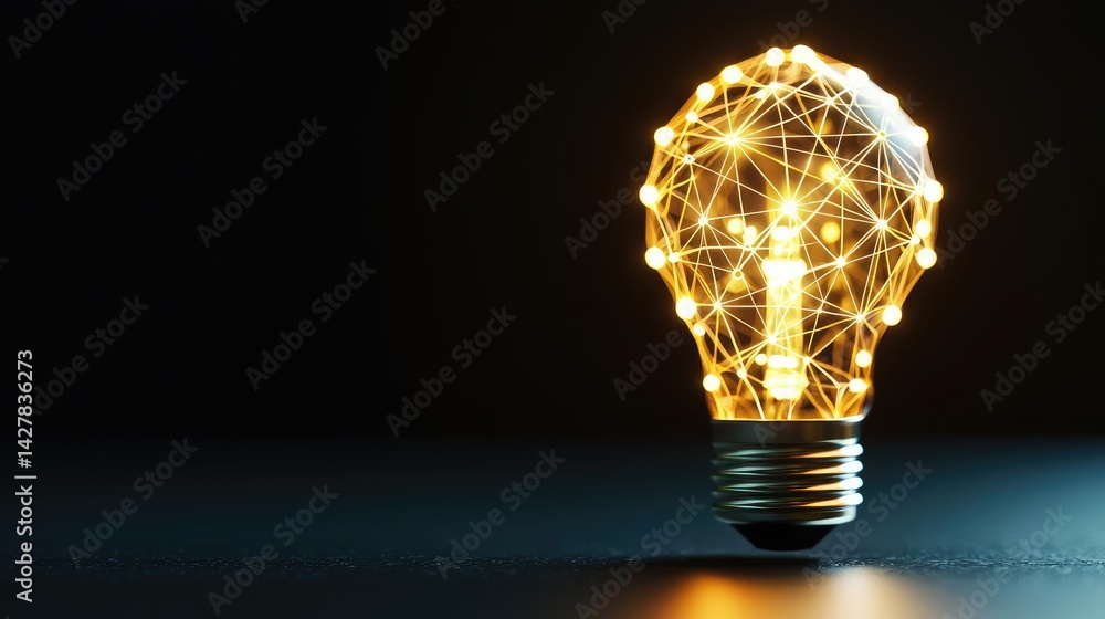 Poster Polygon lightbulb with innovation and exchange concept. A glowing light bulb symbolizing innovation and creativity.