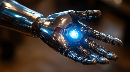 advanced robotic hand with glowing blue core showcasing futuristic technology and artificial intelligence in robotics