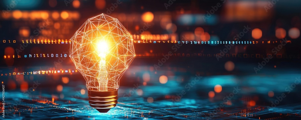 Poster polygon lightbulb with innovation and exchange concept. illuminated light bulb representing innovati