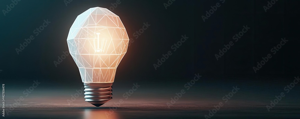 Poster Polygon lightbulb with innovation and exchange concept. Stylish light bulb design emitting warm glow in a dark setting.