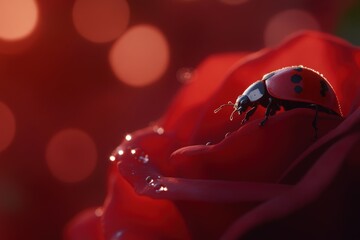 Ladybug resting on a vibrant red rose.