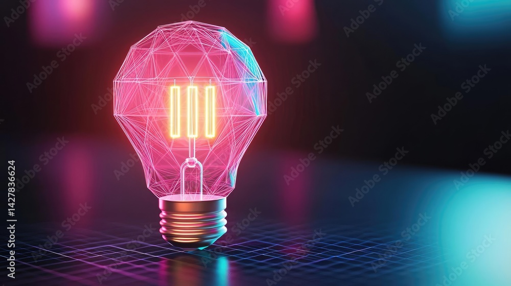 Poster polygon lightbulb with innovation and exchange concept. futuristic light bulb design illuminated wit