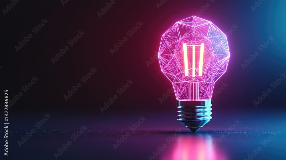 Poster polygon lightbulb with innovation and exchange concept. a vibrant neon light bulb illuminating a dar