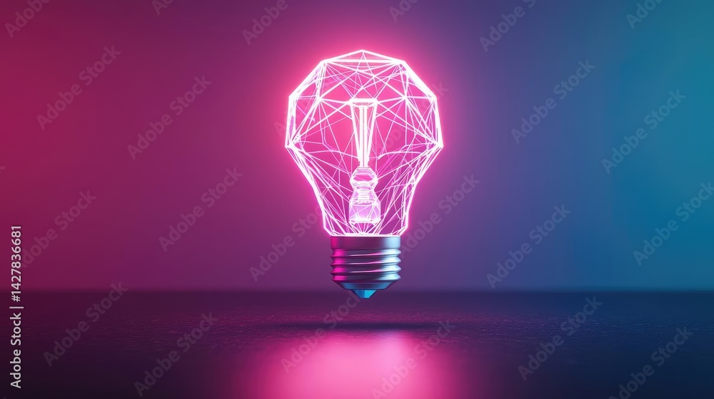Poster polygon lightbulb with innovation and exchange concept. futuristic light bulb with neon outline on d