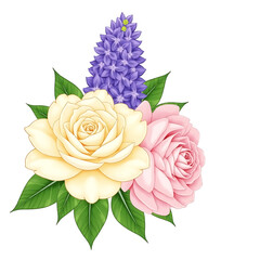 Floral Bouquet Illustration – Cream Rose, Pink Peony & Purple Hydrangea on White Background with Cursive Text