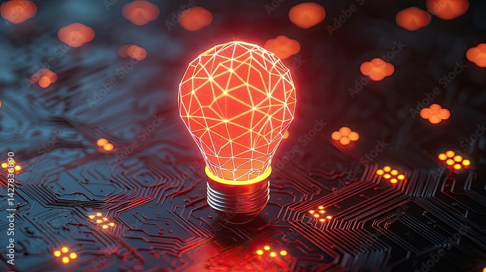 Poster Polygon lightbulb featuring lamp and network concept. A glowing light bulb with digital circuit design in the background.
