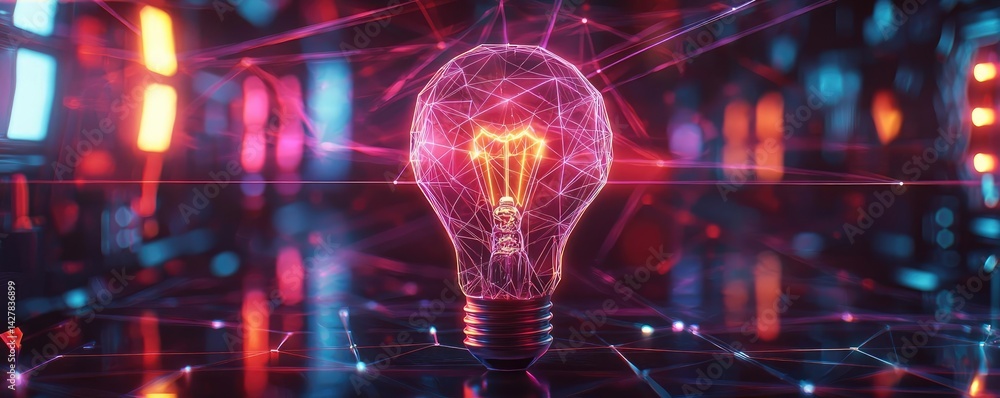 Poster polygon lightbulb with innovation and exchange concept. a glowing light bulb symbolizing innovation 