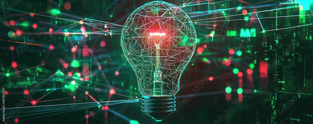 Poster polygon lightbulb with innovation and exchange concept. futuristic light bulb with digital connectio