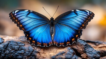 Blue Morpho Butterfly on Wood, Nature Background