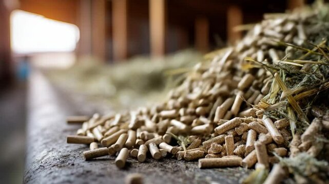 Wood Pellets for Animal Feed: Close-up view of a pile of light brown wood pellets, possibly animal feed, resting on a surface with hay in the background.  The focus is sharp on the pellets.