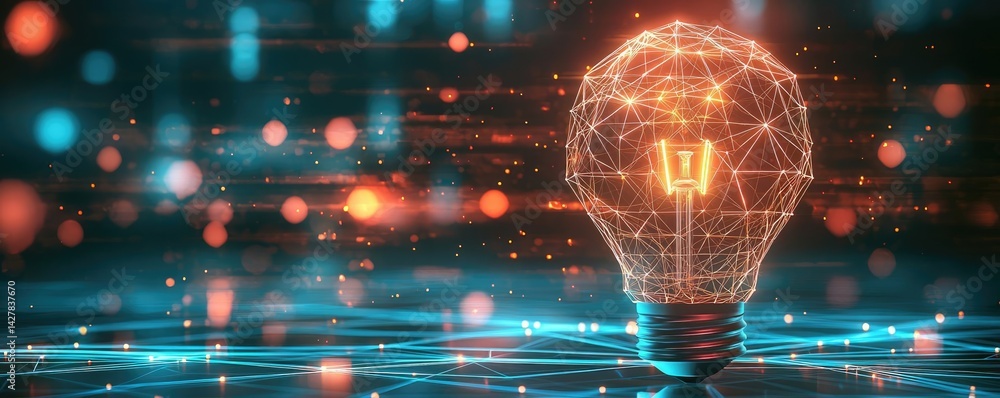 Poster polygon lightbulb with innovation and exchange concept. futuristic light bulb glowing with digital e