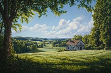 Obraz premium Peaceful scene of a small house in a lush green field under warm early morning sun