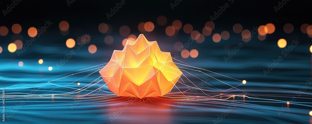 Poster Polygon lightbulb featuring lamp and network concept. A glowing origami design floating on shimmering water surface.