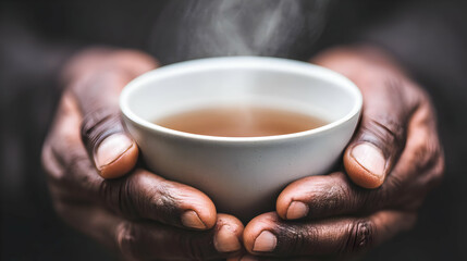 hands holding herbal tea cup with steam rising in cozy environment warm tones and comfort vibe