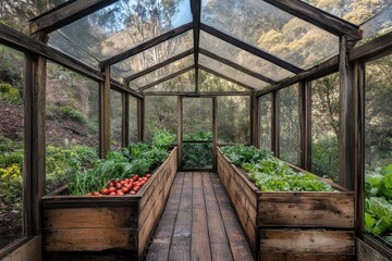Wooden greenhouse with raised beds, filled with fresh produce