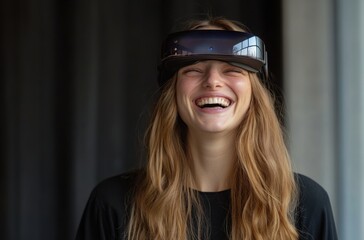 Photorealistic close-up candid portrait of a happy woman in a VR headset