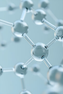 cular structure model with blue spheres and transparent rods. Molecule, peptide structure, biotechnology, cosmetic, nanotechnology, molecular research, chemistry, skincare, anti-aging formula