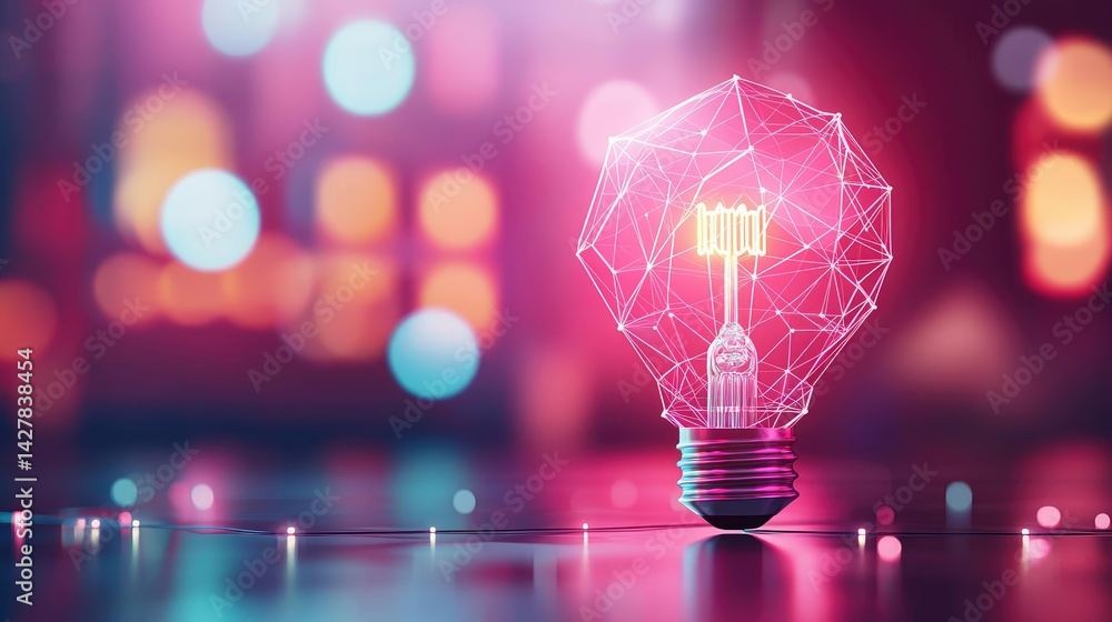 Poster Polygon lightbulb featuring lamp and network concept. A creative glowing lightbulb concept in vibrant colors.
