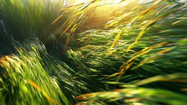 Dynamic Blades: The sun's gentle embrace caresses blades of grass in a vibrant tableau of nature's elegance. A symphony of movement and light unfolds in this visual poem of the natural world.