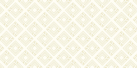 Gold and white diagonal lines seamless vector pattern. Geometric linear diamond tile grid pattern. Luxurious linear mosaic texture pattern. Golden chevron lines on white background minimalist design.