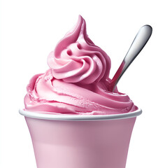 Food photography, a close-up of an ice cream tub with pink ice cream and a spoon inside the bowl. The color is vibrant, the texture is smooth, and it looks delicious. It's against a white background