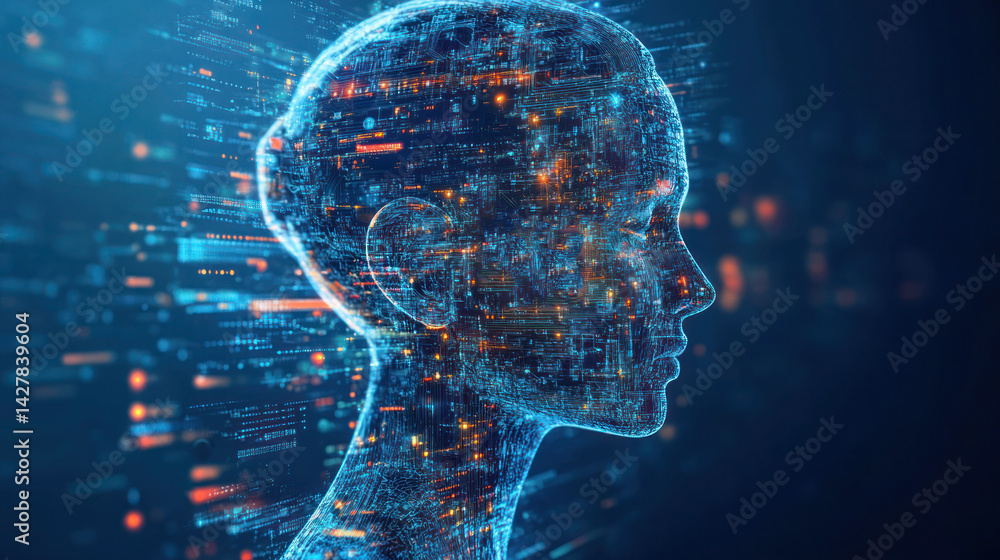Poster human head with digital binary code and gears concept illustration