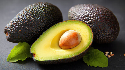 Ripe green avocado, a healthy tropical fruit with a seed, is cut in half on a rough wooden surface, suggesting a tasty and organic ingredient for a diet or salad