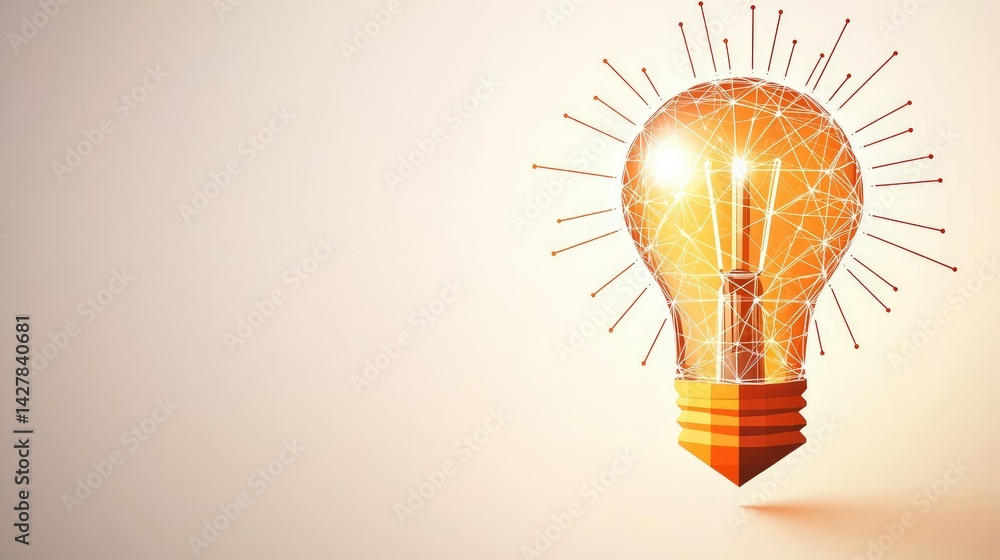 Poster Polygon lightbulb featuring lamp and network concept. Creative light bulb with bright illumination and design elements.