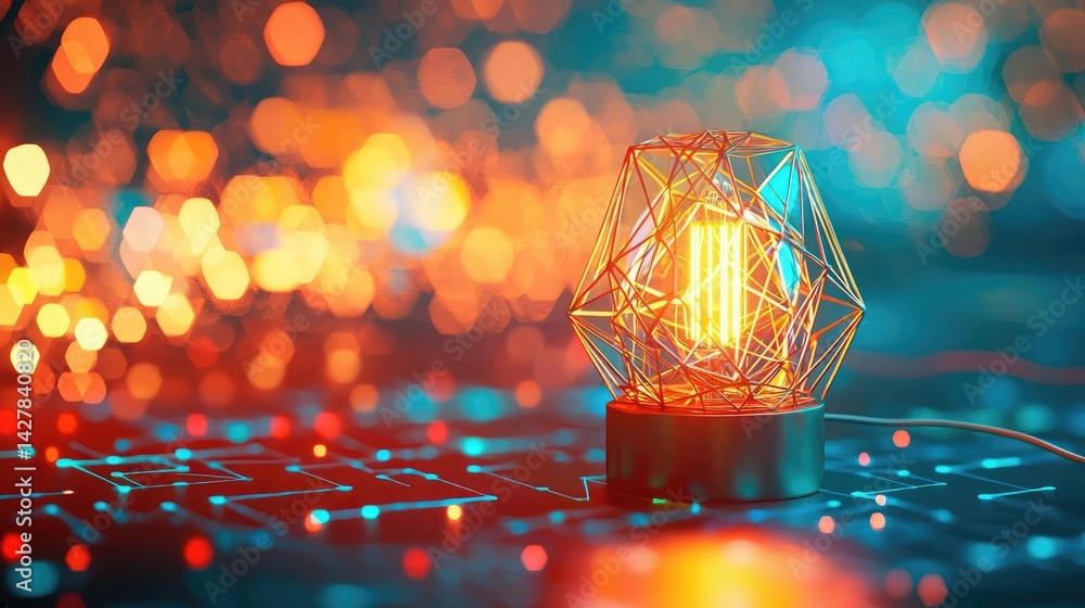 Poster Polygon lightbulb in business and idea exchange concept. Elegant light bulb design with vibrant colors and glowing bokeh.