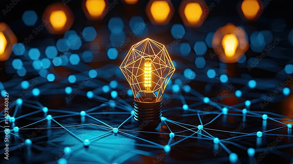 Poster polygon lightbulb featuring lamp and network concept. a glowing light bulb surrounded by a network o