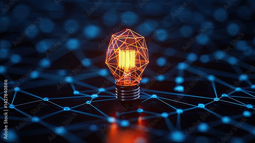 Poster Polygon lightbulb featuring lamp and network concept. A glowing geometric light bulb on a digital network background.