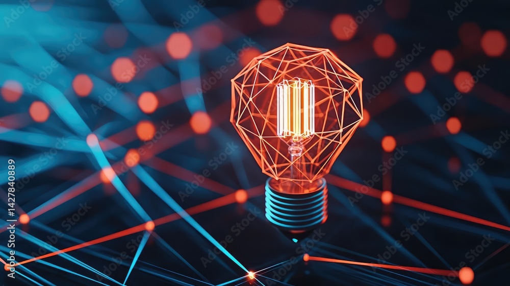 Aufkleber Polygon lightbulb featuring lamp and network concept. Innovative light bulb with geometric design in a digital setting.