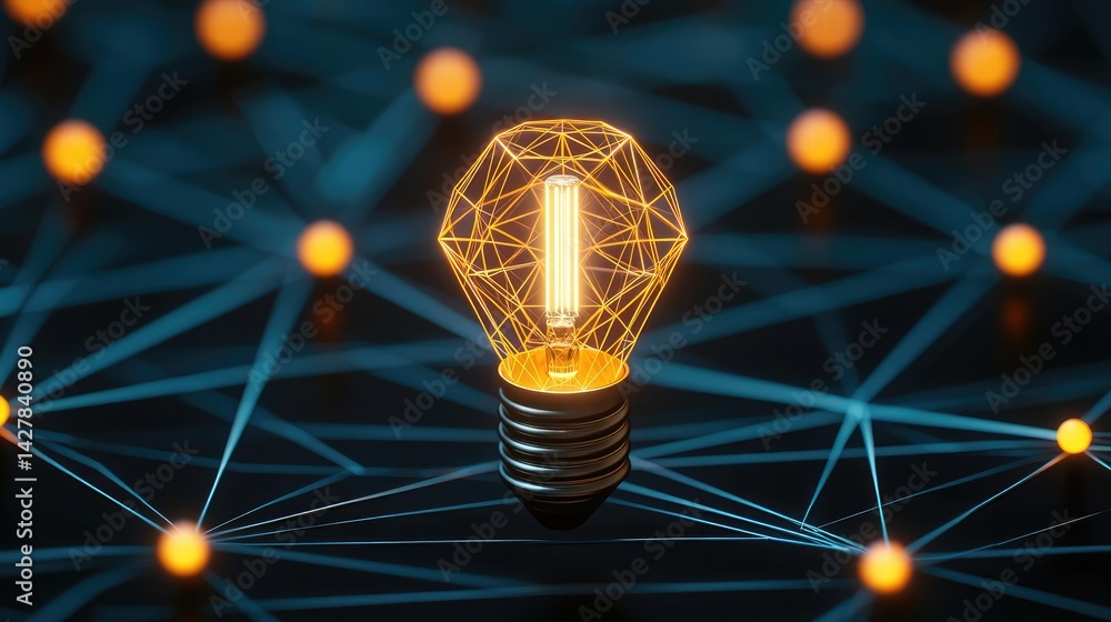 Poster polygon lightbulb featuring lamp and network concept. innovative light bulb with network connections