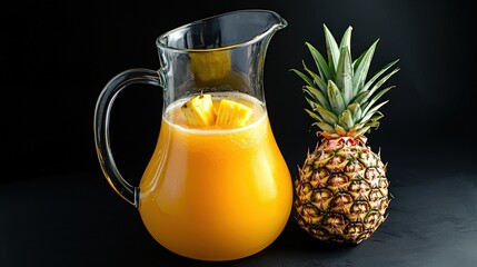 Refreshing pineapple juice pitcher kitchen food photography dark background close-up tropical flavor