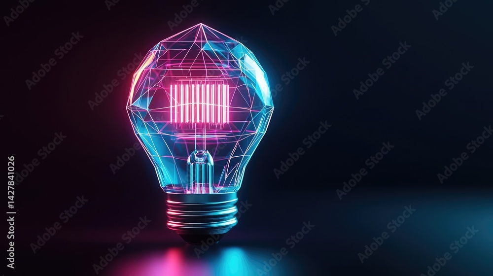 Aufkleber polygon lightbulb with innovation and exchange concept. futuristic neon light bulb design with glowi