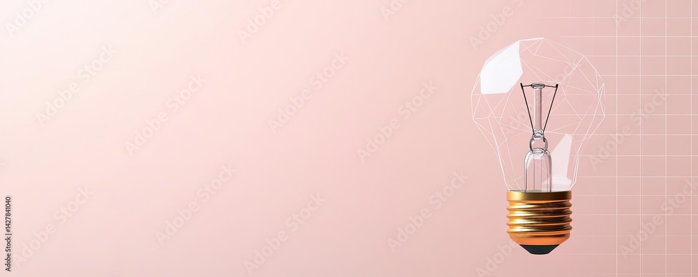 Poster polygon lightbulb with innovation and exchange concept. a modern light bulb on a soft pink backgroun