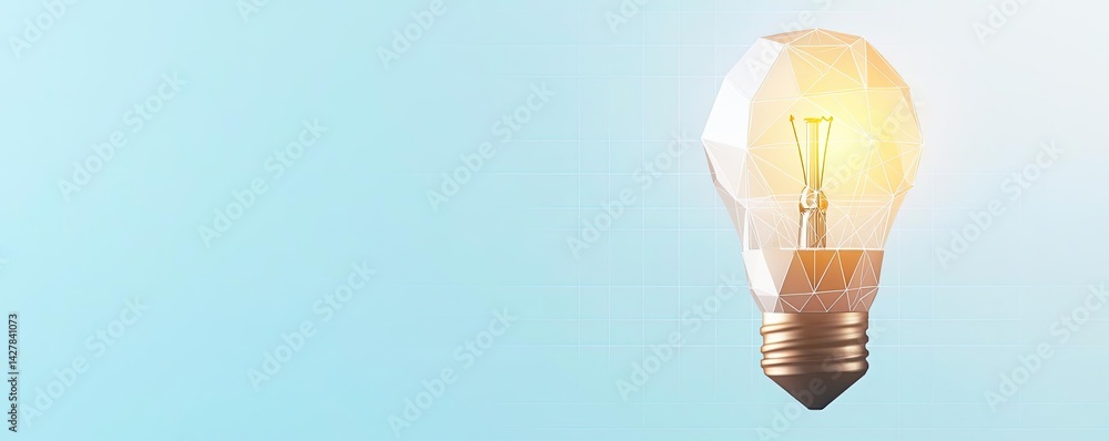 Poster polygon lightbulb with innovation and exchange concept. illuminated light bulb against a soft blue b