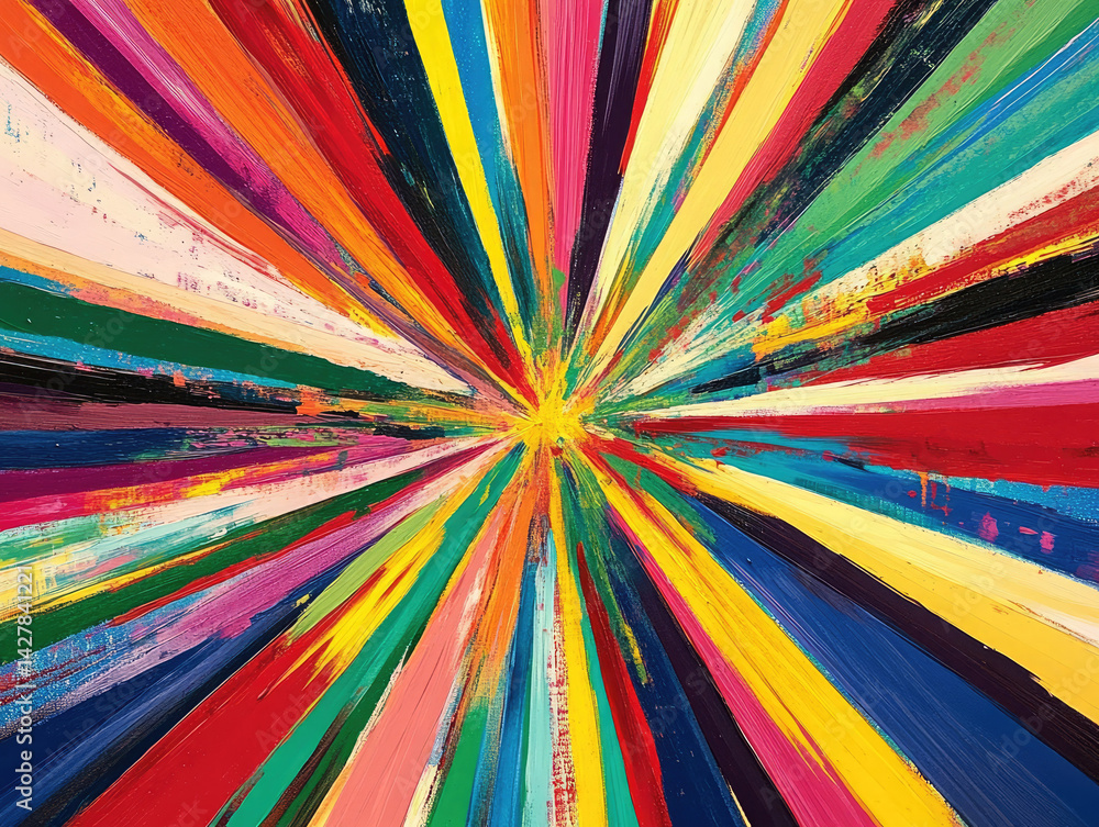 Poster abstract grunge design features a colorful rainbow pattern with retro stripes and bright rays