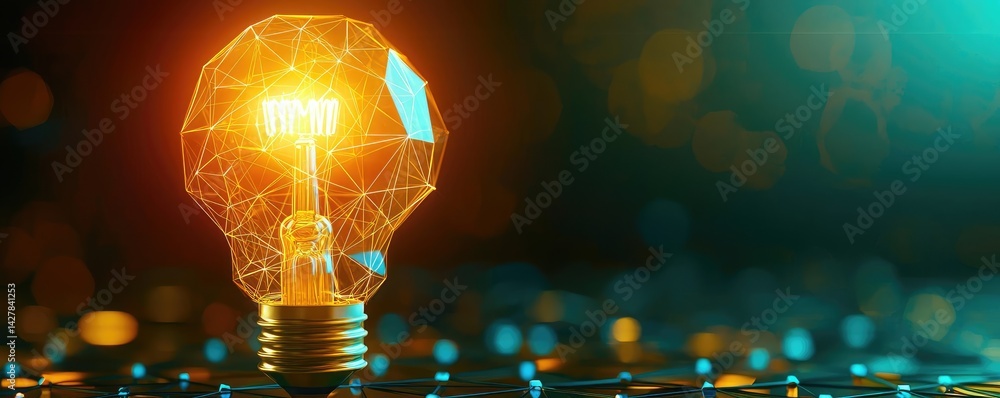 Poster Polygon lightbulb featuring lamp and network concept. A glowing light bulb representing innovative energy concepts.