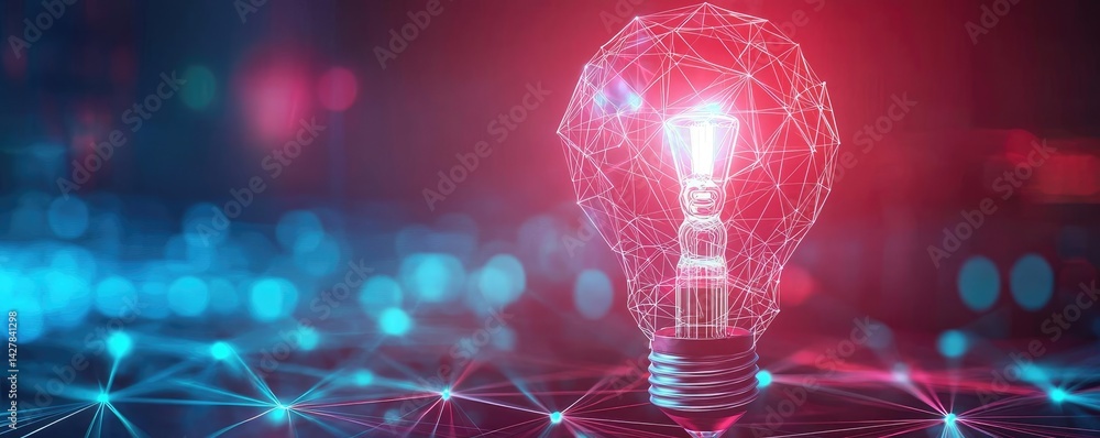 Aufkleber Polygon lightbulb featuring lamp and network concept. Illuminated light bulb with digital network connections.
