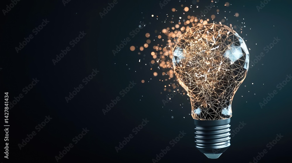 Poster polygon lightbulb with innovation and exchange concept. a creative light bulb bursting with sparks a