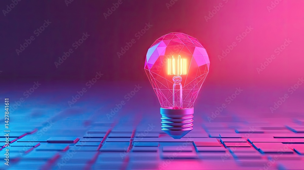 Poster polygon lightbulb featuring lamp and network concept. a futuristic light bulb with vibrant colors an