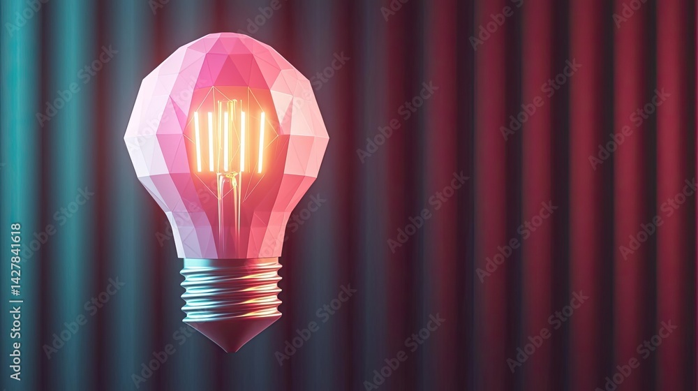 Fototapete Polygon lightbulb featuring lamp and network concept. A vibrant 3D rendering of a geometric light bulb illuminating a space.