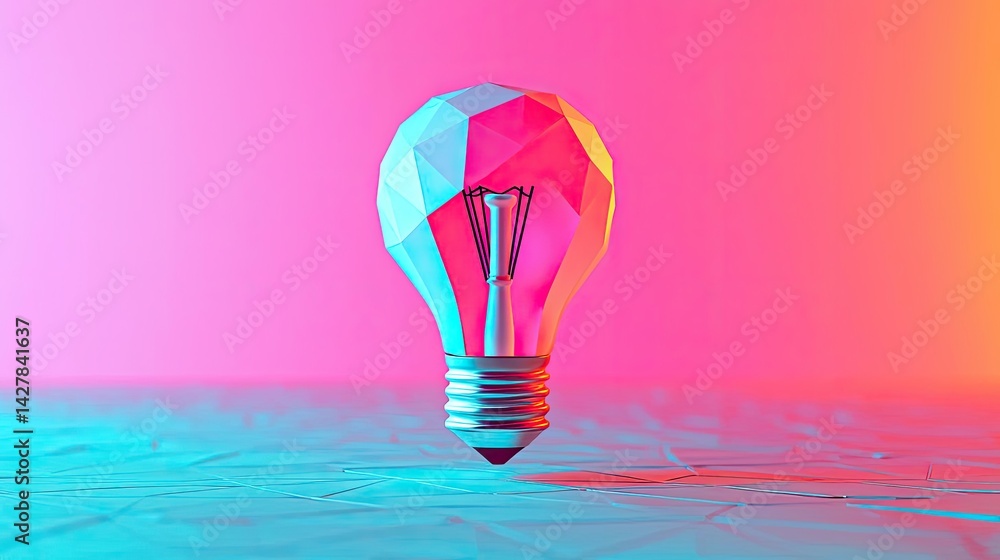 Poster Polygon lightbulb featuring lamp and network concept. A geometric light bulb design with vibrant colors in the background.