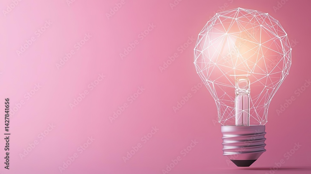 Poster polygon lightbulb featuring lamp and network concept. a glowing light bulb on a pink background repr