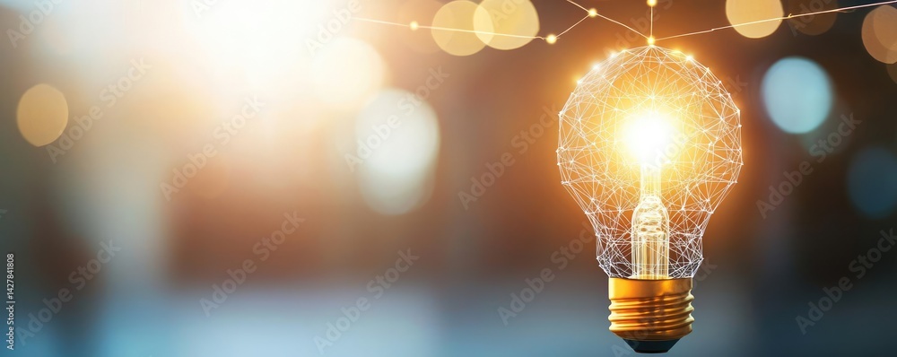 Aufkleber Polygon lightbulb featuring lamp and network concept. A glowing light bulb with vibrant reflections and sparkling elements.