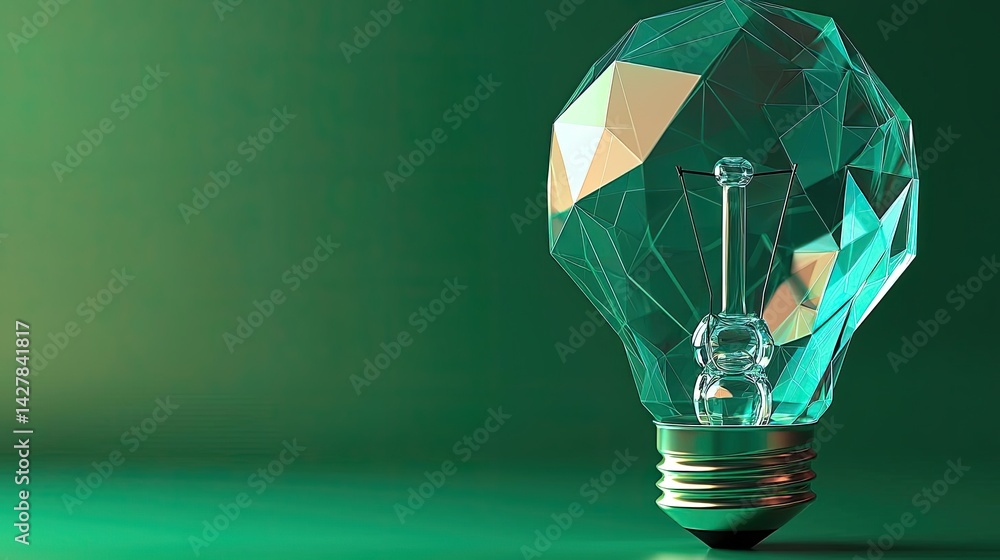 Poster Polygon lightbulb featuring lamp and network concept. A sophisticated light bulb design on a green background.