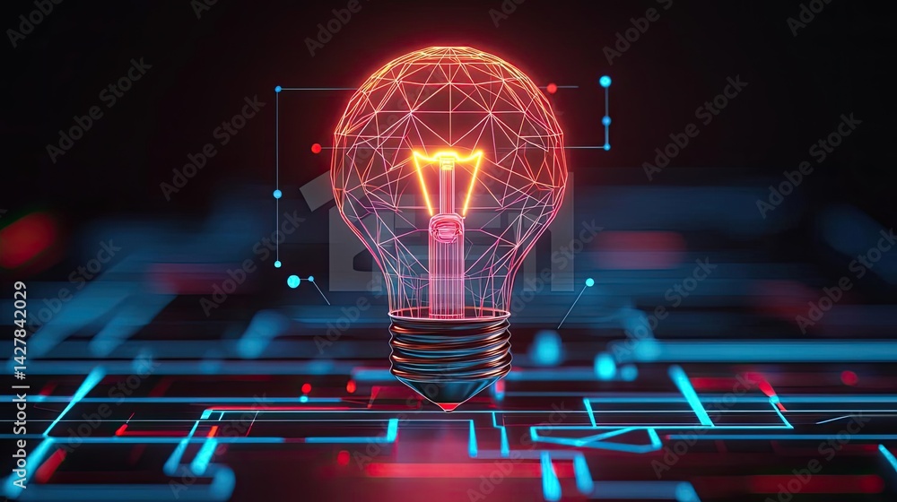 Poster Polygon lightbulb featuring lamp and network concept. A futuristic light bulb design with digital elements and glow.