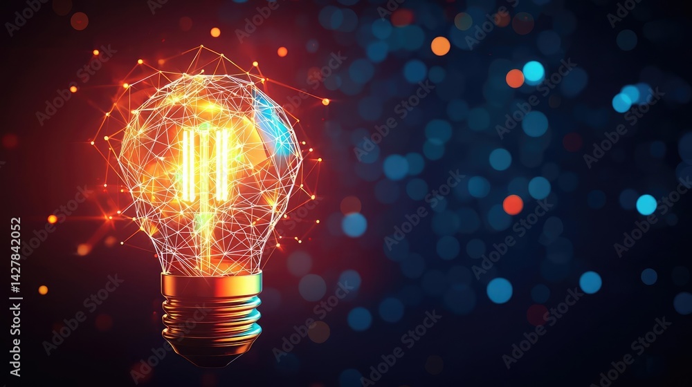 Aufkleber polygon lightbulb with innovation and exchange concept. a glowing light bulb with digital sparks and